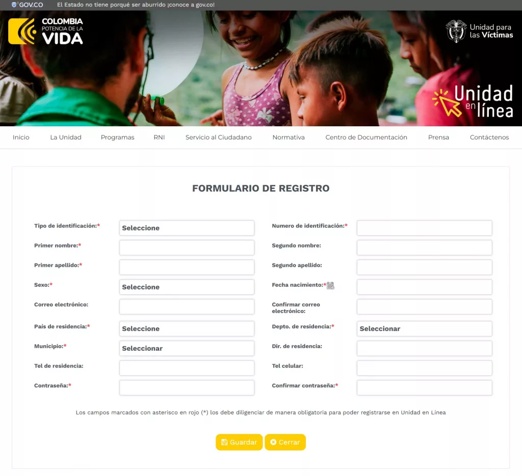 Formulario de Registro RUV Certificado de Desplazado